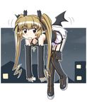  black_wings blonde_hair boots cross detached_sleeves fangs flying garter_straps goriate long_hair night pachira pointy_ears red_eyes renkin_san-kyuu_magical_pokaan skirt solo thighhighs twintails vampire wings 