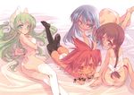  ass barefoot blade_(galaxist) blue_eyes blue_hair braid brown_eyes brown_hair falce feet garter_belt glasses green_eyes green_hair hasegawa_suzuho horns lingerie long_hair lying magician's_academy multiple_girls official_art panties pointy_ears red_eyes red_hair scan striped striped_panties tanarot thighhighs underwear 