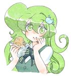  apple_hair_ornament apple_inc. bread eating food food_themed_hair_ornament green_eyes green_hair green_nails hair_ornament hairclip long_hair lowres macintosh macloid macne_nana melon_bread nail_polish school_uniform solo taiyaki wagashi yahoro 