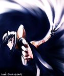  armpits bad_id bad_pixiv_id blade blue_hair breasts ciel dagger fingerless_gloves gloves large_breasts mike156 motion_lines short_hair sideboob solo tattoo tsukihime weapon 
