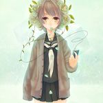  bad_id bad_pixiv_id brown_eyes cardigan digital_media_player flower hair_flower hair_ornament headphones leaf manbou_no_suiso mouth_hold original petals purple_hair short_hair skirt solo 