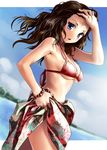  bikini blue_eyes breasts brown_hair cowboy_shot katahira_masashi long_hair medium_breasts original print_sarong red_bikini sarong sky solo swimsuit underboob water 