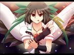  :p arm_cannon black_hair bow cape fingerless_gloves gloves green_bow hair_bow jewelry necklace outline red_eyes reiuji_utsuho shin'ya_(nanp) solo tongue tongue_out touhou weapon wings 