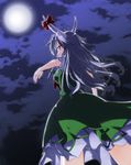  arm_up bow breasts cloud cowboy_shot dress ex-keine from_behind from_below full_moon green_dress horn_bow horn_ornament horns kamishirasawa_keine kiku_hitomoji long_hair looking_at_viewer looking_back medium_breasts moon moonlight night night_sky outdoors profile puffy_short_sleeves puffy_sleeves purple_hair red_bow red_eyes short_sleeves sky solo standing star_(sky) starry_sky touhou tsurime 