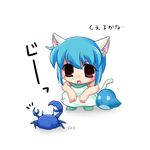  animal_ears aqua_hair bird cat_ears cat_tail chibi crab dress red_eyes solo tail taniguchi_mai translated twit-tan twitter 