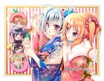  2girls :d blonde_hair blue_eyes character_request charlotte_labpeyn eyes_visible_through_hair hair_ornament hair_up hand_on_another's_shoulder highres izure_shinwa_no_houkago_sensou japanese_clothes kimono looking_at_another looking_back multiple_girls nengajou new_year open_mouth purple_eyes ruirui_shishigane sidelocks silver_hair smile youta 