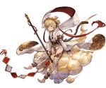  andira_(granblue_fantasy) barefoot blonde_hair cleavage_cutout cloud erune flying_nimbus full_body granblue_fantasy hair_ornament headband minaba_hideo monkey_tail official_art red_eyes short_hair solo staff tail transparent_background 