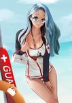  absurdres bad_id bad_pixiv_id beach bikini black-framed_eyewear blue_eyes blue_hair blurry bokeh breasts cleavage damang day depth_of_field dripping dutch_angle glasses highres jacket jacket_over_swimsuit large_breasts lifeguard long_hair medicine_box ocean original outdoors red_cross red_lips see-through semi-rimless_eyewear sky solo sparkle swimsuit thigh_gap under-rim_eyewear unzipped wet wet_clothes whistle white_bikini white_swimsuit zipper 