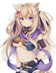  animal_ears blonde_hair breasts cat_ears cat_tail fingerless_gloves gloves large_breasts long_hair midriff miyaa_rao navel original purple_eyes shorts simple_background solo tail underboob yatsuki_yura 