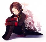  boots brown_hair earrings highres jewelry kashuu_kiyomitsu katana leaf leg_hug male_focus mole mole_under_mouth ponita red_eyes scarf sitting smile solo sword touken_ranbu weapon 