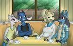  2016 absurd_res anthro anthrofied atherol beverage big_breasts bill_(character) blonde_hair blue_fur breasts cafe canine checkered_shirt clothed clothing cup cyan_(character) erin_(character) facial_hair female food fox fur grin hair hand_holding hand_on_back happy helmet hi_res hoodie inside jackal lucario male mammal mienshao mustache mustelid ninetales nintendo open_mouth otter pok&eacute;mon pok&eacute;morph ponytail purple_fur red_eyes rose_(character) samurott scarf shirt sitting small_breasts smile table tank_top video_games whiskers yellow_fur 