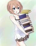  absurdres bare_shoulders blanc blancpig_yryr blue_eyes blush book book_stack brown_hair highres holding holding_book neptune_(series) open_mouth short_hair solo 