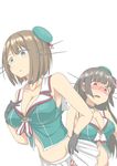  bad_id bad_pixiv_id bare_shoulders beret black_gloves black_hair blue_eyes blush breasts brown_hair choker choukai_(kantai_collection) cleavage commentary_request glasses gloves hair_ornament hairclip hat headgear highres kantai_collection large_breasts looking_down maya_(kantai_collection) midriff mini_hat miniskirt multiple_girls nobcoffee open_mouth pleated_skirt red_eyes remodel_(kantai_collection) short_hair skirt sleeveless 