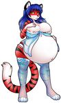  anthro big_breasts blue_hair blush breasts clothing feline female fur green_eyes hair huge_breasts lactating legwear long_hair looking_at_viewer madamsquiggles mammal nightgown nipples pregnant smile solo stockings stripes tiger 