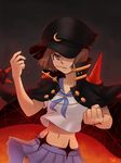  banchou bob_cut clenched_hand crop_top hat highres jacket_on_shoulders kill_la_kill mankanshoku_mako midriff navel reiji-rj school_uniform serafuku skirt solo 