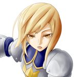  :o agrias_oaks armor blonde_hair brown_eyes final_fantasy final_fantasy_tactics knight looking_at_viewer open_mouth outstretched_arm serious simple_background solo tsurime upper_body white_background 