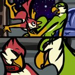  2016 anonyartist anthro askos avian avian_(starbound) beak bird bookcase collar digital_media_(artwork) duo feathers float floating furniture green_feathers maladash male male/male open_mouth penis red_feathers sofa space space_background star starbound stare surprise talons the_look video_games wall 