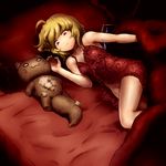  :3 babydoll bare_arms bare_legs bare_shoulders bed blonde_hair bottomless canopy_bed collarbone commentary_request flandre_scarlet lifting_covers looking_at_viewer lying no_panties on_bed on_side pillow red_babydoll red_eyes shirosato solo stuffed_animal stuffed_toy stuffing touhou wings 