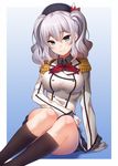  ascot beret blue_eyes epaulettes frilled_sleeves frills gloves hat kantai_collection kashima_(kantai_collection) kerchief looking_at_viewer military military_uniform ray-akila silver_hair sitting smile solo tsurime twintails uniform wavy_hair white_gloves 