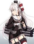  amatsukaze_(kantai_collection) black_panties brown_eyes choker colis_(regunm772) dress garter_straps gloves hair_tubes highres kantai_collection long_hair looking_to_the_side open_mouth panties red_legwear sailor_collar sailor_dress short_dress silver_hair simple_background single_glove solo striped striped_legwear thighhighs two_side_up underwear white_gloves windsock 