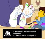  &lt;3 2016 4_toes anthro big_feet body_writing caprine clothed clothing dialogue drawing drawing_on_feet duo feet foot_focus fur goat human mammal markers paws protagonist_(undertale) sitting sprite striped_sweater the-urge-within tickling tickling_feet toe_curl toes toriel undertale video_games white_fur 