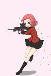  assault_rifle calomini firing full_body girls_und_panzer gun military military_uniform open_mouth red_eyes rifle rosehip shell_casing short_hair skirt smile solo st._gloriana's_military_uniform uniform weapon 