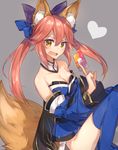  animal_ears apple_inc. bad_id bad_pixiv_id bare_shoulders blue_legwear blush bow breasts card chocoan cleavage collarbone detached_sleeves fang fate/extra fate_(series) food fox_ears fox_tail fruit gift_card hair_bow hair_ribbon holding holding_card japanese_clothes large_breasts long_hair looking_at_viewer open_mouth panties pantyshot pink_hair ribbon smile solo tail tamamo_(fate)_(all) tamamo_no_mae_(fate) thighhighs twintails underwear white_panties yellow_eyes 