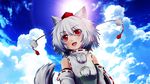  animal_ears bare_shoulders blue_sky cloud commentary day derivative_work detached_sleeves hat inubashiri_momiji lapres leaf looking_up maple_leaf open_mouth pom_pom_(clothes) red_eyes shield short_hair silver_hair sky solo tail tokin_hat touhou wallpaper wide_sleeves wolf_ears wolf_tail 