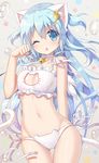  ;o animal_ears ass_visible_through_thighs bell bell_choker blue_eyes blue_hair blush bra breasts cat_cutout cat_ear_panties cat_ears cat_lingerie cat_tail chestnut_mouth choker cleavage_cutout hair_ornament hairclip jingle_bell key_hair_ornament long_hair looking_at_viewer meme_attire mint_(yano_mitsuki) navel one_eye_closed original panties paw_pose side-tie_panties small_breasts solo tail thigh_gap two_side_up underwear underwear_only white_bra white_panties yano_mitsuki 