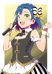  blue_hair bow hair_bow idolmaster idolmaster_million_live! looking_at_viewer microphone nanao_yuriko open_mouth pettan_p smile solo yellow_eyes 