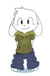  anthro black_eyes cave_story clothed clothing fur hoodie jeans lagomorph looking_at_viewer loose_clothing male mammal mimiga oob pants smile solo video_games white_fur 