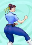  alternate_costume ass brown_eyes brown_hair chun-li clenched_hands double_bun eyebrows fighting_stance from_behind hair_ribbon josef_axner nose pants police police_uniform policewoman ribbon serious short_hair skin_tight solo street_fighter street_fighter_v thick_thighs thighs uniform 