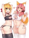  :d ahoge animal_ear_fluff animal_ears armpits arms_behind_head arms_up ass ass_cutout bell bell_collar blonde_hair bow breasts butt_crack cat_lingerie cleavage cleavage_cutout collar fate/extra fate_(series) fox_ears fox_tail from_side green_eyes hair_bow hair_ornament hair_scrunchie heart highres jingle_bell large_breasts medium_breasts meme_attire midriff multiple_girls navel nero_claudius_(fate) nero_claudius_(fate)_(all) open_mouth osiimi panties paw_print pink_hair plump scrunchie side-tie_panties smile tail tamamo_(fate)_(all) tamamo_no_mae_(fate) thighhighs twintails twisted_torso underwear yellow_eyes 