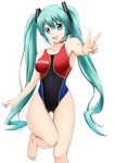  :d alternate_costume aqua_eyes aqua_hair arm_at_side ass_visible_through_thighs bangs barefoot blush clothes_writing collarbone competition_swimsuit eyebrows eyebrows_visible_through_hair fuuma_nagi hatsune_miku headphones headset long_hair looking_at_viewer microphone one-piece_swimsuit open_mouth outstretched_arm smile solo swimsuit thigh_gap twintails v very_long_hair vocaloid 