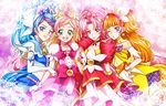  akagi_towa amanogawa_kirara belt bracelet cure_flora cure_mermaid cure_scarlet cure_twinkle detached_sleeves earrings go!_princess_precure haruno_haruka jewelry kaidou_minami long_hair magical_girl multiple_girls pink_hair precure red_eyes shiny skirt smile warabi_(waradoko) 