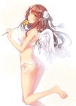  angel_wings ass ass_cutout barefoot bra breasts brown_hair feathered_wings heart_cutout highres idolmaster idolmaster_cinderella_girls long_hair medium_breasts one_side_up panties serino_itsuki shimamura_uzuki solo underwear underwear_only wand wings 