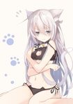  animal_ears bell bell_choker black_bra black_panties bra breasts cat_ears cat_lingerie cat_paws cat_tail choker eyebrows eyebrows_visible_through_hair flying_sweatdrops hibiki_(kantai_collection) jingle_bell jitome kantai_collection long_hair meme_attire navel panties paws side-tie_panties silver_hair simple_background sitting small_breasts solo sugar_(sugar17) tail tan_background underwear wariza 