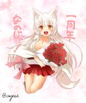 animal_ear_fluff animal_ears blonde_hair bouquet breasts cleavage eyebrows fang flower fox_ears fox_tail hakama_skirt japanese_clothes kohaku_(yua) large_breasts long_hair looking_at_viewer miko open_mouth original red_flower red_rose rose shirt silver_hair smile solo tail thick_eyebrows translated very_long_hair yellow_eyes yua_(checkmate) 