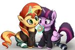  2016 bronyraimu clothing cutie_mark doughnut duo equestria_girls equine feathered_wings feathers female feral food friendship_is_magic fur green_eyes hair hi_res horn legwear magic mammal multicolored_hair my_little_pony orange_fur purple_eyes purple_feathers purple_fur simple_background smile socks sunset_shimmer_(eg) tongue tongue_out twilight_sparkle_(mlp) two_tone_hair unicorn white_background winged_unicorn wings young 