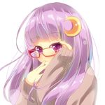  alternate_costume bespectacled crescent crescent_hair_ornament glasses hair_ornament hand_to_own_mouth long_hair long_sleeves looking_at_viewer patchouli_knowledge purple_eyes purple_hair red-framed_eyewear solo sweater touhou upper_body yuimari 