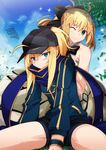  ;) ahoge aqua_eyes artoria_pendragon_(all) baseball_cap blonde_hair dress exercise fate/stay_night fate/unlimited_codes fate_(series) green_eyes hair_ribbon hat jacket multiple_girls mysterious_heroine_x one_eye_closed ponytail ribbon rojiura_satsuki:_chapter_heroine_sanctuary saber_lily scarf shorts sitting smile stretch track_jacket vane 