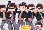  ;) ;3 alternate_costume arm_behind_back artist_name atarime bad_id bad_twitter_id blue_eyes blush brothers brown_hair camera character_name cosplay denim eyewear_on_head jacket jeans looking_at_viewer male_focus matsuno_choromatsu matsuno_ichimatsu matsuno_juushimatsu matsuno_karamatsu matsuno_karamatsu_(cosplay) matsuno_osomatsu matsuno_todomatsu multiple_boys one_eye_closed open_clothes open_jacket osomatsu-kun osomatsu-san pants sextuplets siblings smile sunglasses sweatdrop tearing_up yellow_eyes 