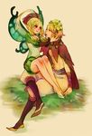  1girl 9wa blonde_hair braid butterfly_wings couple fairy flower hair_flower hair_ornament hand_on_another's_face hat hat_feather hetero holding ingway_(odin_sphere) long_hair looking_at_another mercedes odin_sphere pointy_ears sitting sitting_on_lap sitting_on_person twin_braids wings 
