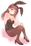  animal_ears bare_shoulders black_footwear blush bow bowtie breasts brown_eyes brown_hair brown_legwear bunny_ears bunny_girl bunny_tail bunnysuit detached_collar fake_animal_ears hand_on_own_knee hands_on_own_knee high_heels kantai_collection komi_zumiko leotard long_hair looking_at_viewer medium_breasts ooi_(kantai_collection) pantyhose ribbon shoes solo tail wrist_cuffs 