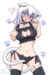  animal_ears bell bell_choker blue_eyes blush breasts cat_cutout cat_ear_panties cat_ears cat_lingerie cat_tail choker cleavage_cutout cowboy_shot crying crying_with_eyes_open jingle_bell large_breasts long_hair meme_attire multiple_tails navel nekomata original panties paw_pose shake-o side-tie_panties solo sweat tail tears thighhighs trembling twitter_username underwear white_hair 