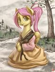  2015 clothing equine feathered_wings feathers female feral fluttershy_(mlp) friendship_is_magic fur grass green_eyes hair hi_res landscape looking_at_viewer mammal mrs1989 my_little_pony outside pegasus pink_hair road smile solo tree wings yellow_feathers yellow_fur 