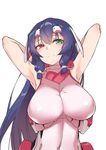  armor armpits arms_behind_head arms_up asama_tomo bangs bare_shoulders blue_hair blush breasts closed_mouth covered_navel fangdan_runiu green_eyes hair_tubes halterneck headgear heterochromia impossible_clothes impossible_leotard kyoukaisenjou_no_horizon large_breasts leotard light_smile long_hair red_eyes sidelocks simple_background smile solo turtleneck upper_body very_long_hair white_background 