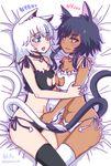  :3 animal_ears bell bell_choker black_hair black_vs_white blue_eyes blush breasts cat_cutout cat_ear_panties cat_ears cat_lingerie cat_tail choker cleavage_cutout dark_skin intertwined_tails jingle_bell long_hair looking_at_another medium_breasts meme_attire multiple_girls multiple_tails navel nekomata on_bed open_mouth original panties shake-o side-tie_panties tail thighhighs twitter_username underwear white_hair yellow_eyes yuri 