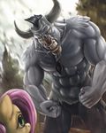  2014 amber_eyes angry black_hair bovine duo equine facial_piercing female feral fluttershy_(mlp) friendship_is_magic fur green_eyes grey_fur hair headphones headset hi_res horn iron_will_(mlp) male mammal minotaur mrs1989 my_little_pony nose_piercing nose_ring outside pegasus piercing pink_hair septum_piercing sky wings yellow_fur 