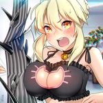  artoria_pendragon_(all) artoria_pendragon_(lancer_alter) bell black_bra blonde_hair blush bra breasts cat_lingerie cleavage dakimakura_(object) dark_rhongomyniad fate/grand_order fate_(series) holding holding_weapon jingle_bell lance large_breasts looking_at_viewer meme_attire open_mouth pillow polearm rangsiwut_sangwatsharakul sidelocks solo sweatdrop teeth underwear weapon yellow_eyes 